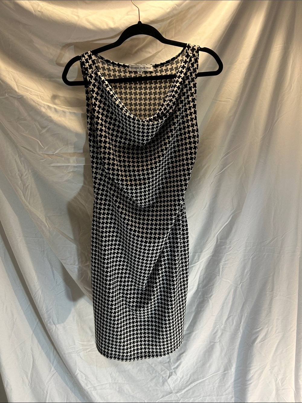 Central Park West Black & White Houndstooth Cowl Neck Midi Dress